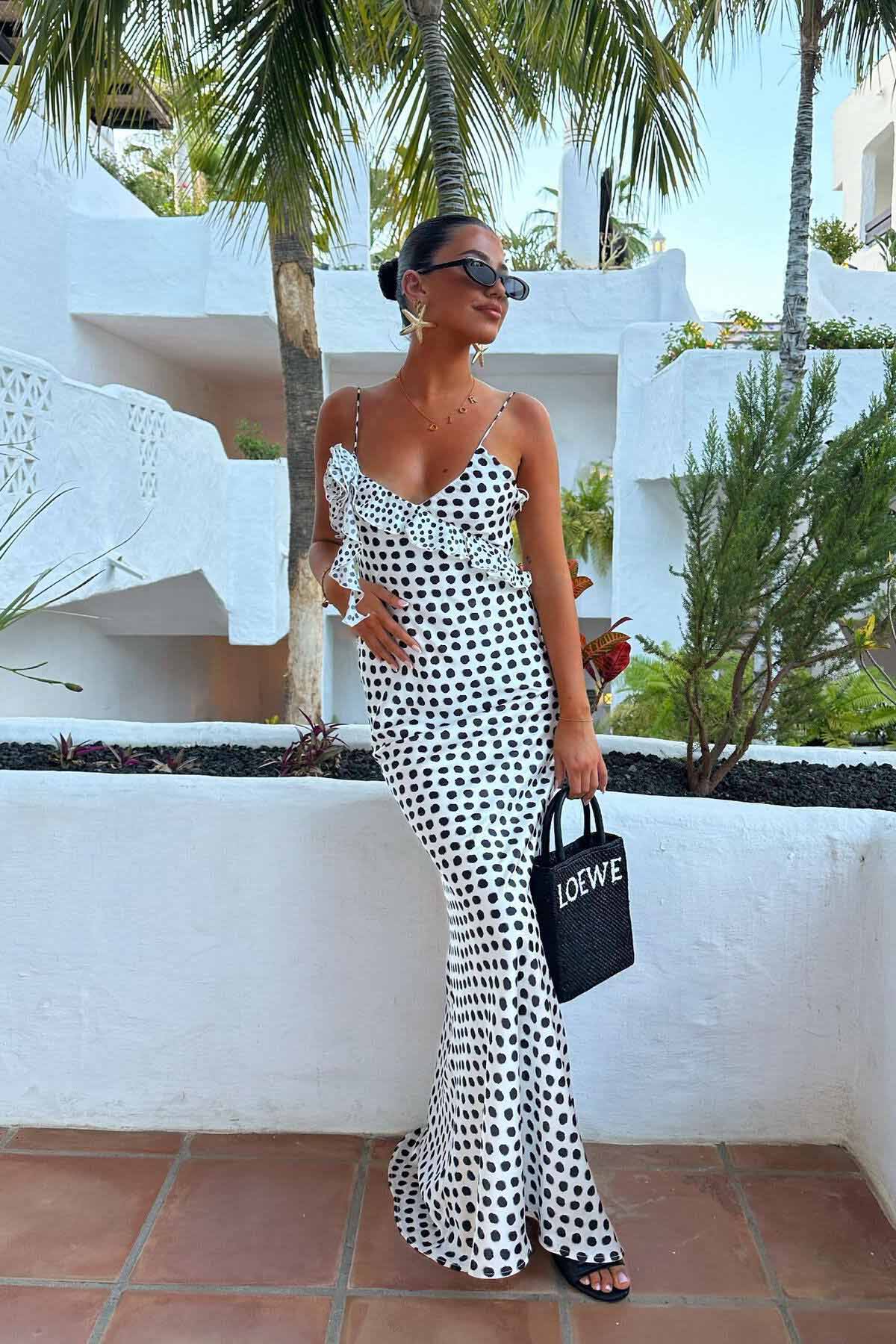 Fantasy Polka Dot Print Guipure Ruffled Suspender Maxi Dress
