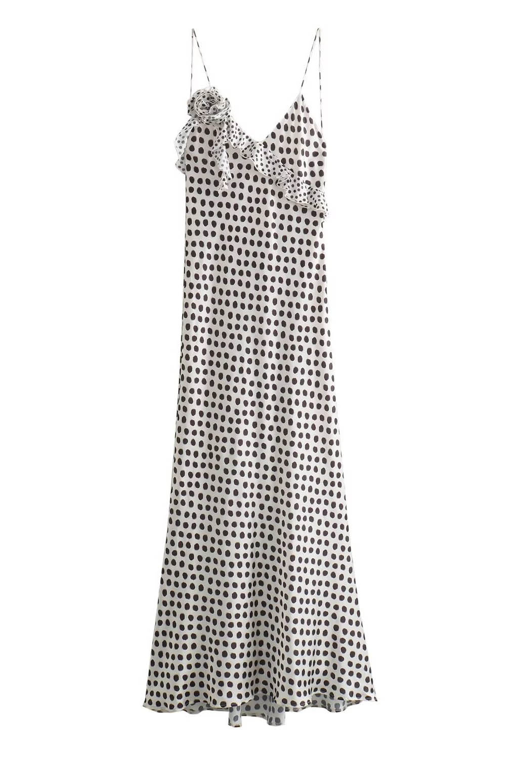 Fantasy Polka Dot Print Guipure Ruffled Suspender Maxi Dress