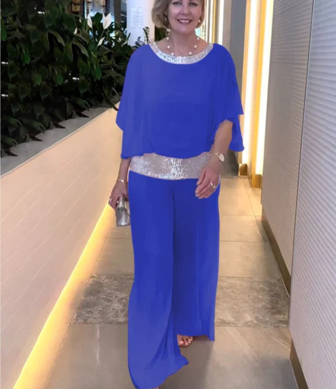 Ensemble deux pièces de luxe avec accents à paillettes et design color block