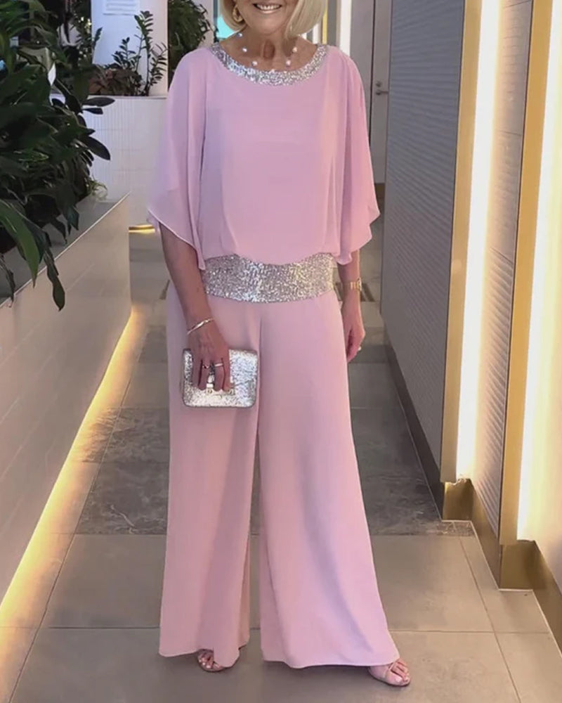 Ensemble deux pièces de luxe avec accents à paillettes et design color block